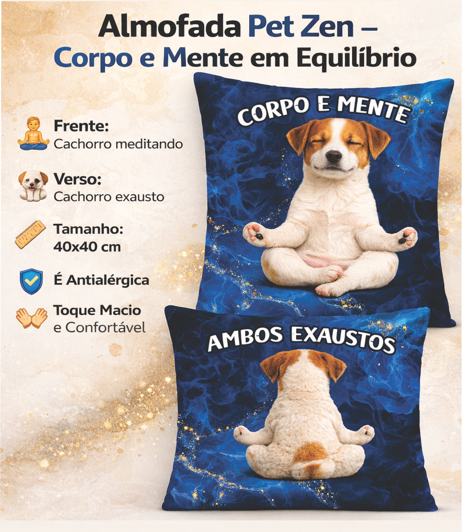 Almofada Divertida Cachorro Zen Corpo e Mente em Equilíbrio 40x40 Decorativa - Imagem 4